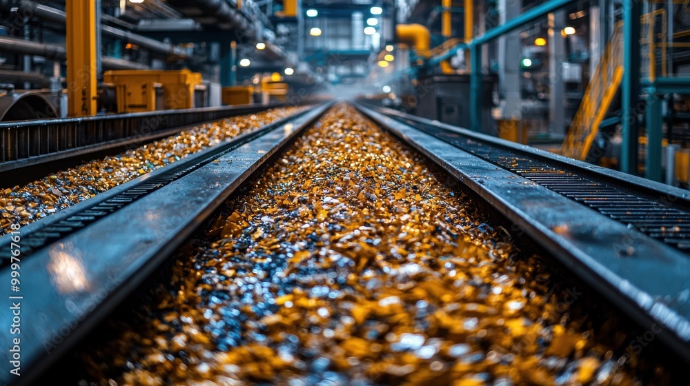 A close-up of a railway track covered in leaves, set within an industrial environment, conveying a blend of nature and machinery. A close-up of a railway track covered in leaves, set within an industrial environment, conveying a blend of nature and machinery.