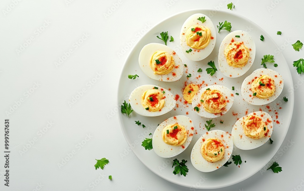 Elegant platter of deviled eggs garnished with herbs, perfect for gatherings or appetizers at celebrations Elegant platter of deviled eggs garnished with herbs, perfect for gatherings or appetizers at celebrations