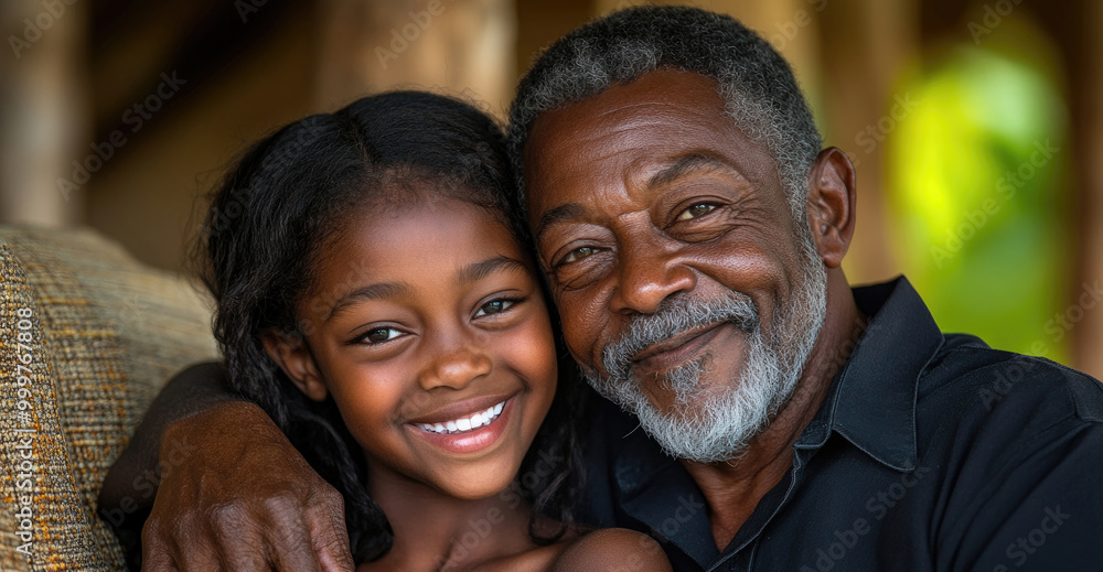 A grandfather and his granddaughter smile warmly together, enjoying a heartwarming moment in a cozy living space filled with natural light A grandfather and his granddaughter smile warmly together, enjoying a heartwarming moment in a cozy living space filled with natural light