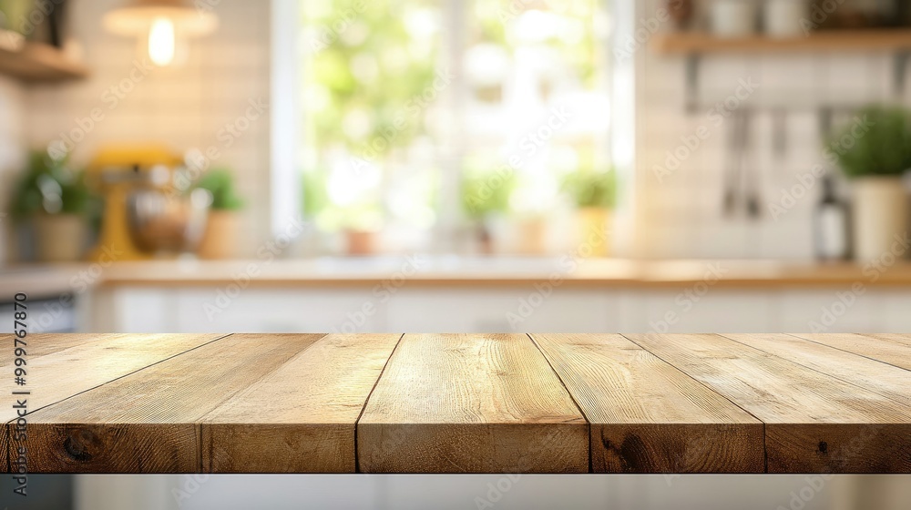 A wooden table in a bright kitchen setting with plants and natural light. A wooden table in a bright kitchen setting with plants and natural light.