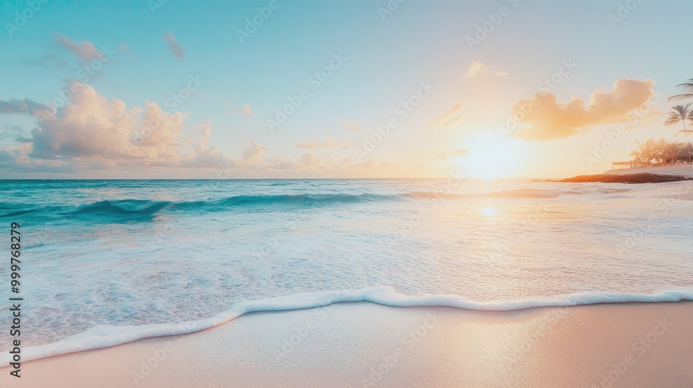 A serene beach scene at sunset with gentle waves lapping at the shore. A serene beach scene at sunset with gentle waves lapping at the shore.