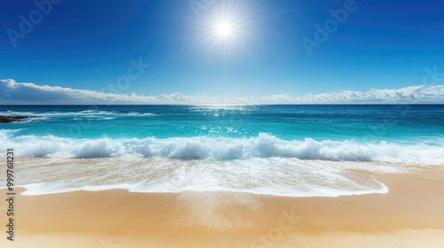 A serene beach scene with gentle waves, clear blue skies, and a bright sun overhead.