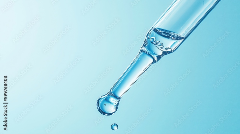 Pipette with transparent dripping liquid on clear blue background. Medical, laboratory atmosphere. Pipette with transparent dripping liquid on clear blue background. Medical, laboratory atmosphere.