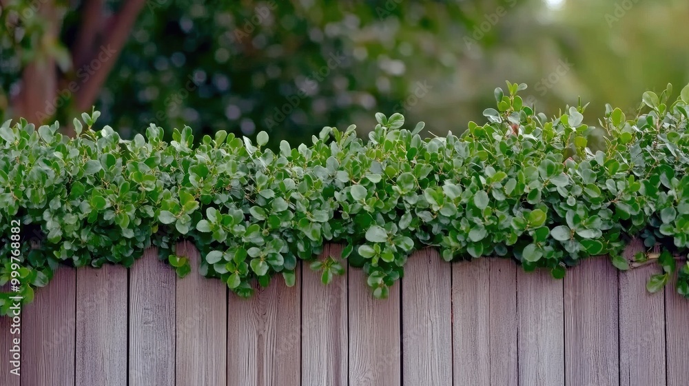 A hyperrealistic close-up of a wooden fence adorned with lush greenery in a serene outdoor setting A hyperrealistic close-up of a wooden fence adorned with lush greenery in a serene outdoor setting