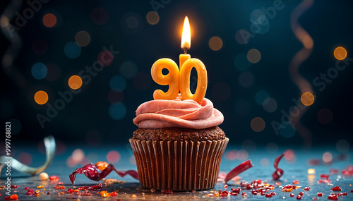 Birthday cupcake with burning lit candle with number 90. Number ninety for ninety years or ninetieth anniversary. photo