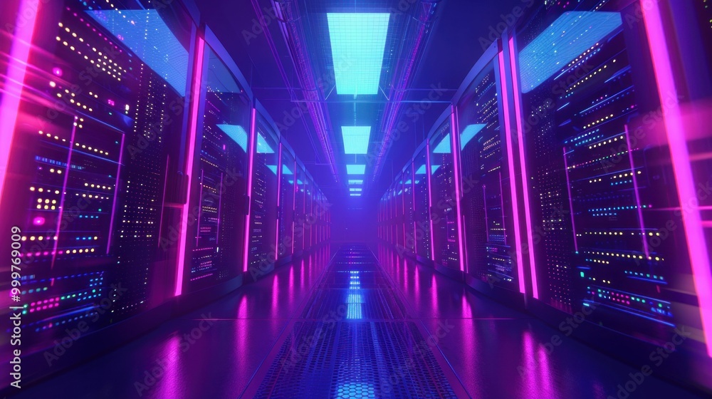Fototapeta premium Futuristic corridor in a data center illuminated by vibrant neon lights in purple and blue hues, showcasing advanced technology and digital aesthetics