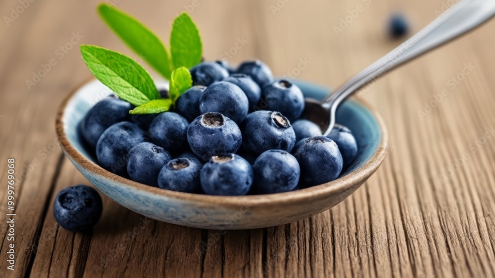 Delicious blueberries a spoon and a hint of mint for a refreshing snack Delicious blueberries a spoon and a hint of mint for a refreshing snack