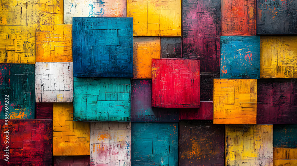 A colorful abstract art piece composed of many small, square panels with different textures and colors. A colorful abstract art piece composed of many small, square panels with different textures and colors.