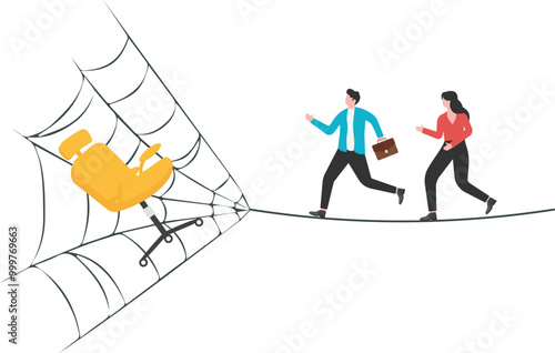 Recruitment traps, misdirected employment, social media networking platforms recruiting risks, job-seeking businessmen walking on giant cobwebs and pointing uncertainly to vacant office chairs on the 