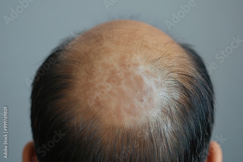 Close-up view of a bald head with a patchy scalp.