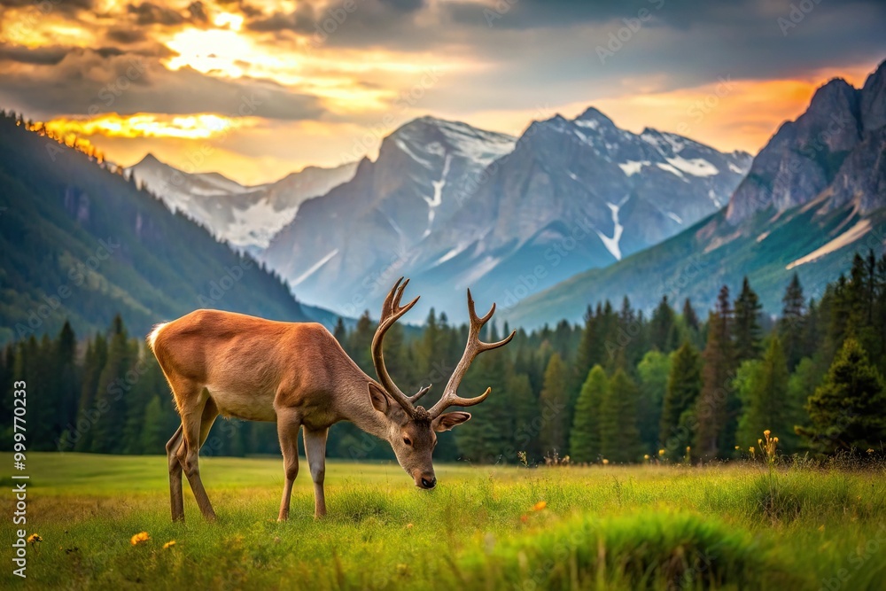 Grazing deer in wide-angle shot with mountains in background Grazing deer in wide-angle shot with mountains in background