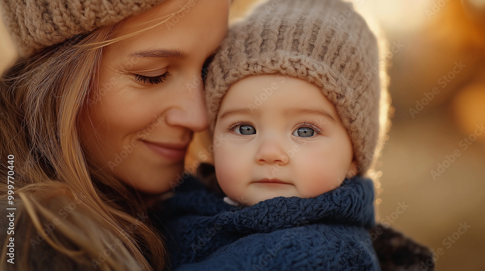 A Ukrainian woman holding her baby in a blue knitted sweater. The baby is incredibly cute, with a beautiful face. The photo is set in an autumnal scene with golden trees, and the w A Ukrainian woman holding her baby in a blue knitted sweater. The baby is incredibly cute, with a beautiful face. The photo is set in an autumnal scene with golden trees, and the w