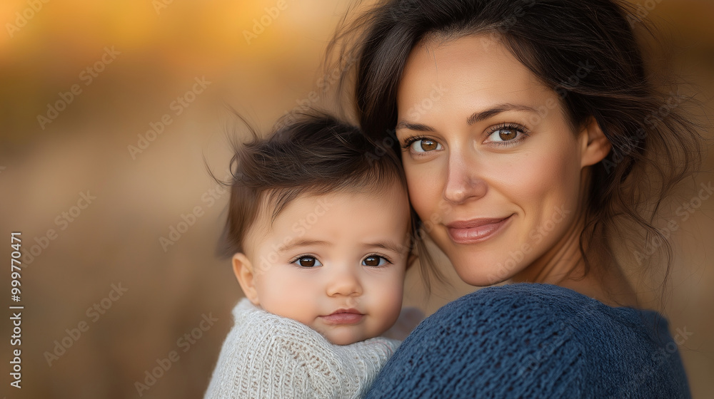 A Ukrainian woman in a blue knit sweater holds her baby close, the most adorable little child with a beautiful face. The photo is set outdoors in an autumn landscape, with the woma A Ukrainian woman in a blue knit sweater holds her baby close, the most adorable little child with a beautiful face. The photo is set outdoors in an autumn landscape, with the woma