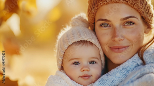 A close-up of a Ukrainian mother in a blue knit sweater holding her baby. The baby is the cutest and has a peaceful, beautiful face. The photo is set in the autumn outdoors, with t