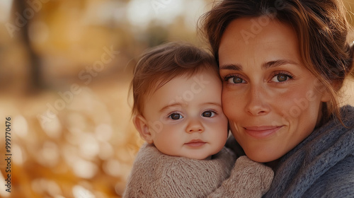 A close-up of a Ukrainian mother in a blue knit sweater holding her baby. The baby is the cutest and has a peaceful, beautiful face. The photo is set in the autumn outdoors, with t