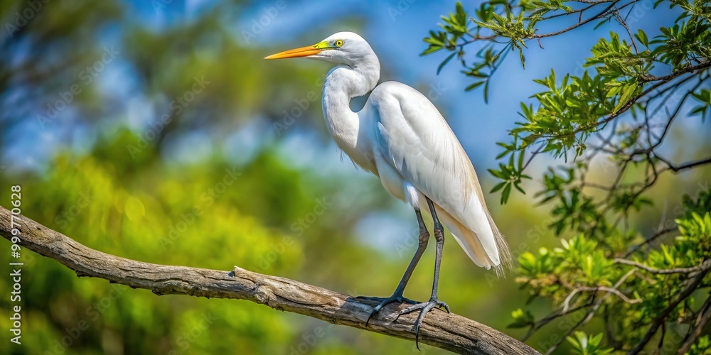 Great white heron perched on a tree branch at a tilted angle Great white heron perched on a tree branch at a tilted angle