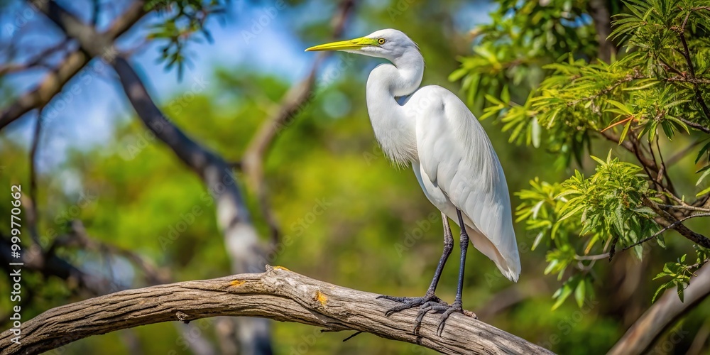 Great White Heron perched on tree branch with tilted angle