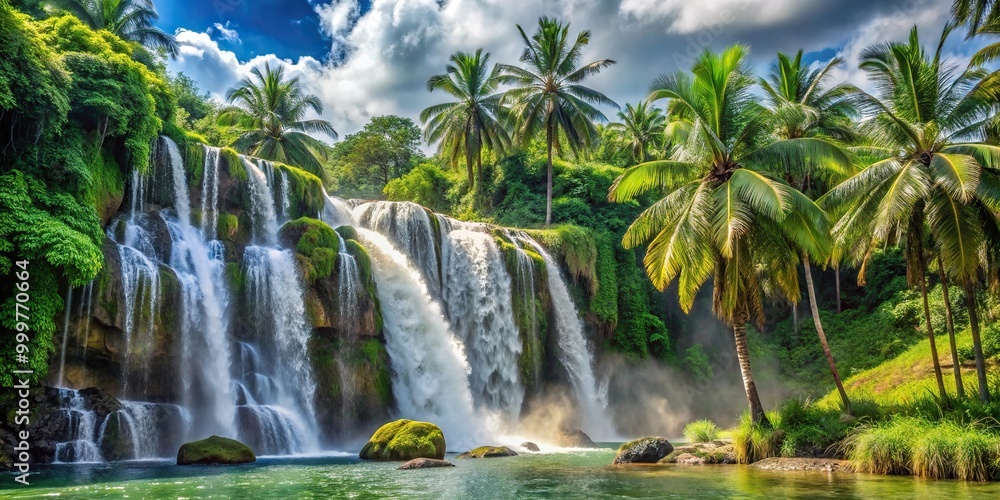 Great waterfall with coconut trees and lush vegetation Great waterfall with coconut trees and lush vegetation
