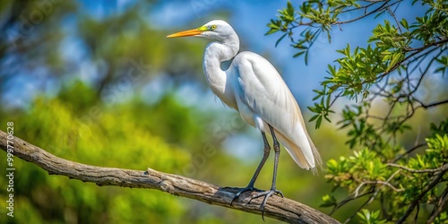 Great white heron perched on a tree branch at a tilted angle
