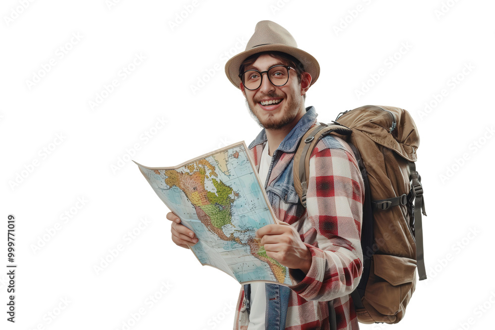 High Quality Cheerful Traveler with Map Isolated on Clear Background Ideal for Travel and Joyful Exploration Visuals High Quality Cheerful Traveler with Map Isolated on Clear Background Ideal for Travel and Joyful Exploration Visuals
