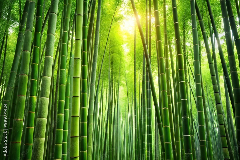 Green bamboo forest background with bamboo swaying in the wind