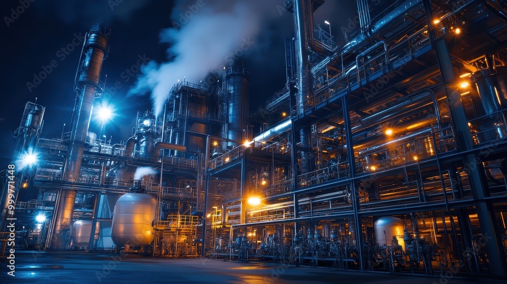 Industrial complex illuminated at night, showcasing machinery and smoke emissions. Industrial complex illuminated at night, showcasing machinery and smoke emissions.