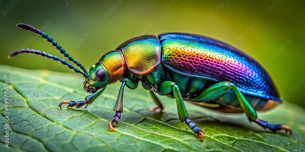 A brilliant Chrysomelidae beetle clings to a verdant leaf, nestled within its natural surroundings, highlighting the A brilliant Chrysomelidae beetle clings to a verdant leaf, nestled within its natural surroundings, highlighting the
