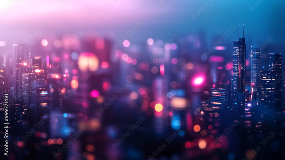Blurred cityscape with bokeh lights in the foreground, offering Blurred cityscape with bokeh lights in the foreground, offering