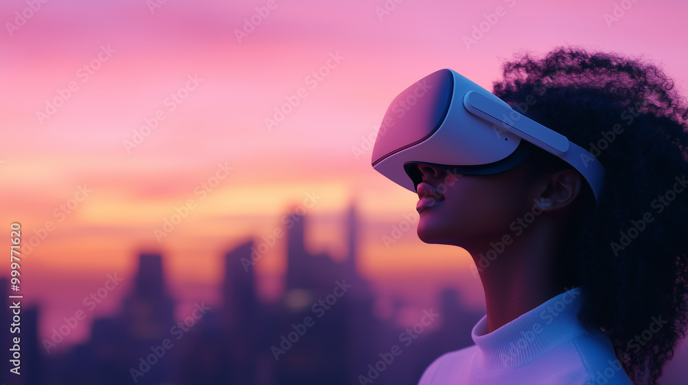 Immersed in virtual reality experience, woman with curly hair gazes at vibrant sunset skyline. scene captures blend of technology and beauty, evoking sense of wonder and exploration. Immersed in virtual reality experience, woman with curly hair gazes at vibrant sunset skyline. scene captures blend of technology and beauty, evoking sense of wonder and exploration.