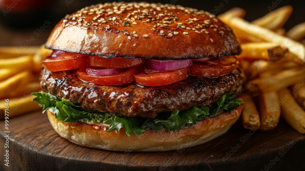 Juicy Beef Burger with Toppings and French Fries Juicy Beef Burger with Toppings and French Fries