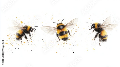 Hand Painted Watercolor Bumblebee Set, depicting vibrant bumblebees in dynamic flight, showcasing intricate details and soft colors against a clean white backdrop.