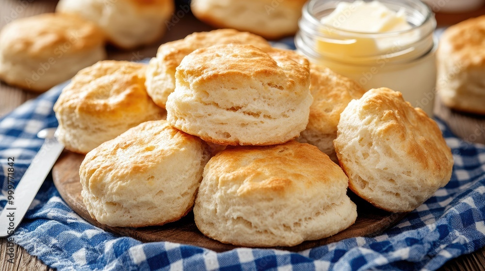 A plate of freshly baked biscuits served with butter, perfect for breakfast or snacks. A plate of freshly baked biscuits served with butter, perfect for breakfast or snacks.