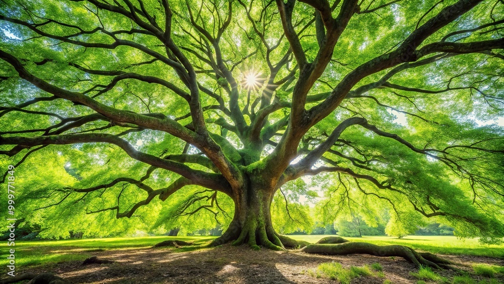 Fototapeta premium Green branches growing at the base of a large tree with a tilted angle