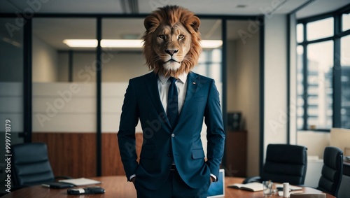 Businessman with lion head on his back standing in the office.