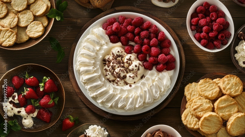 A delicious dessert spread featuring whipped cream, raspberries, strawberries, and cookies. A delicious dessert spread featuring whipped cream, raspberries, strawberries, and cookies.