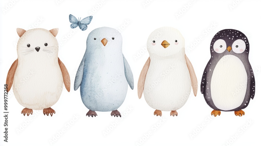 Naklejka premium Watercolor Illustrations of Arctic Animals Featuring Seal, White Owl, Arctic Fox, Polar Bear, Penguin with Isolated Hand-Drawn Closeups on Minimalist Background