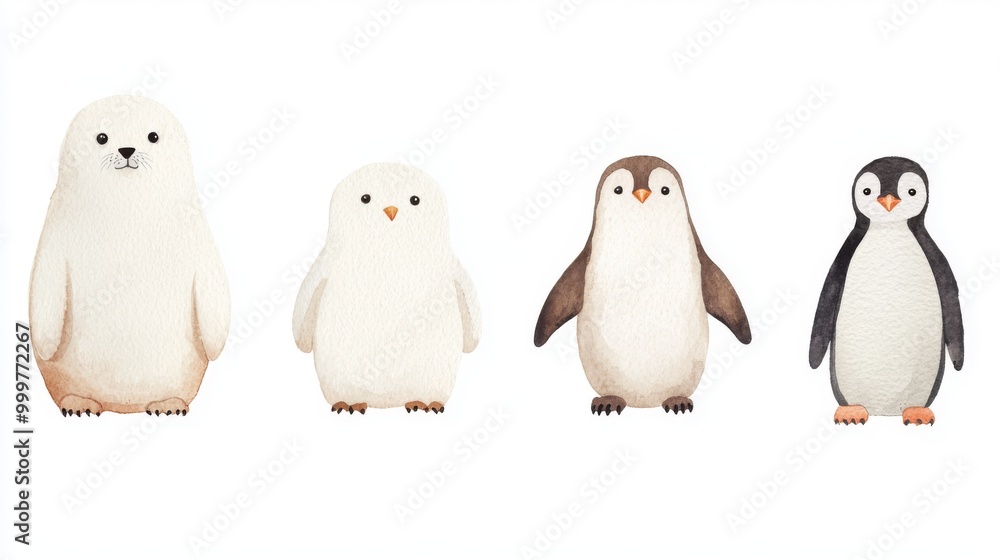 Fototapeta premium Arctic Wildlife Watercolor Collection featuring seals, snowy owls, arctic foxes, polar bears, and penguins, hand-drawn illustrations with a minimalist aesthetic and ample negative space.