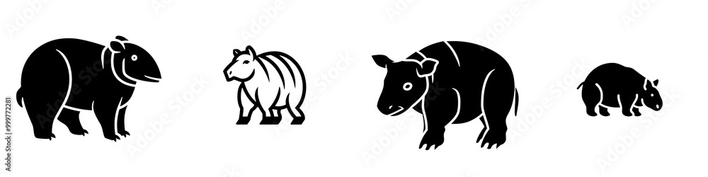 Fototapeta premium Cute bear and raccoon silhouettes, white isolate background.