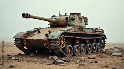 Abandoned rusting tank in desolate desert landscape