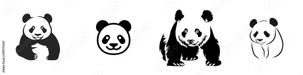 Obraz premium Four cute panda illustrations on a white isolated background.