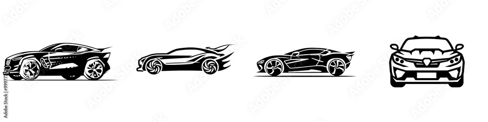 Four sleek automotive designs displayed on a white isolated background showcasing innovation and elegance. Four sleek automotive designs displayed on a white isolated background showcasing innovation and elegance.