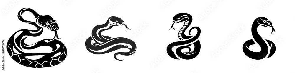 Four stylized snake illustrations on a white isolated background. Four stylized snake illustrations on a white isolated background.