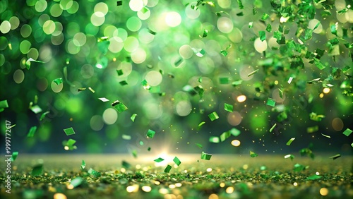 Green confetti floating in the air with a bokeh background Panoramic photo