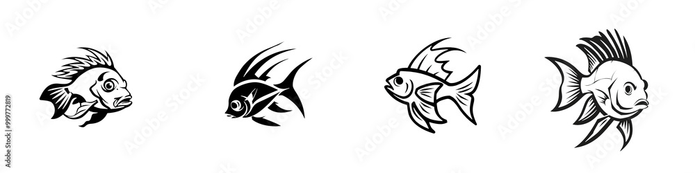Obraz premium Illustration of fish in various styles on a white isolated background.