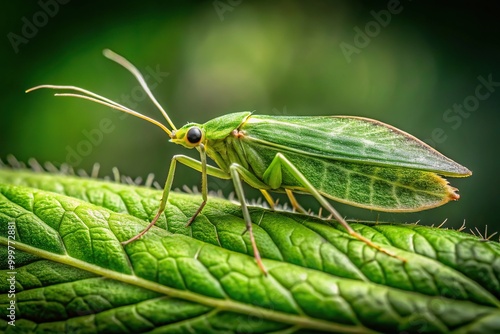 Green Diamondback Moth crawling on blurred leaf background