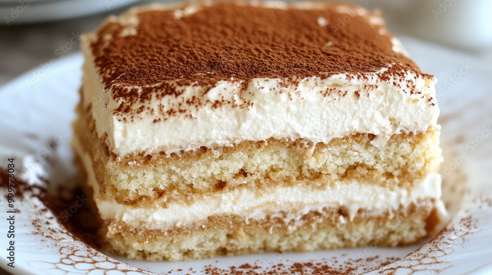 A delicious slice of tiramisu dessert with layers of cream and cocoa powder on top. A delicious slice of tiramisu dessert with layers of cream and cocoa powder on top.
