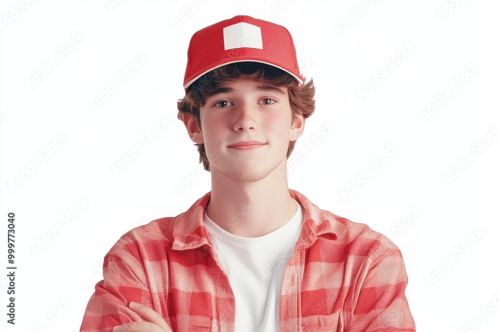 Happy teenager wearing a red cap and checkered shirt, exuding a positive and confident vibe. Happy teenager wearing a red cap and checkered shirt, exuding a positive and confident vibe.