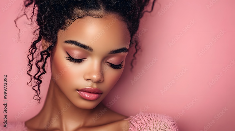 Beautiful woman with natural curls and pink makeup posing against a pink background Beautiful woman with natural curls and pink makeup posing against a pink background