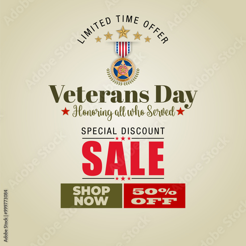 Holiday design, background with handwriting text, medal of honor and national flag colors for U.S. Veterans day event, sales and comercial events; Vector illustration.