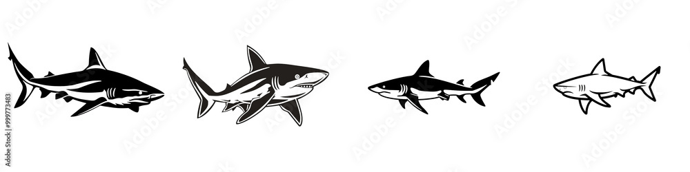 Fototapeta premium Stylized illustration of a shark swimming among smaller fish, isolated on a white background.